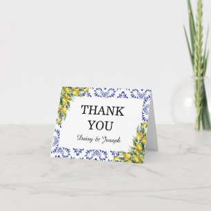 Moderne mediterrane blaue Mosaik-Hochzeit mit Zitr Dankeskarte