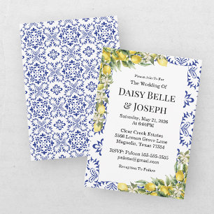 Moderne mediterrane blaue Mosaik-Hochzeit mit Zitr Einladung