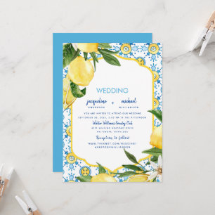 Moderne mediterrane Blue & Lemons Wedding Einladung