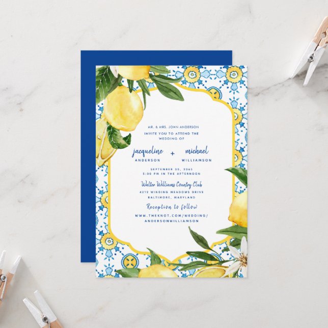 Moderne mediterrane Cobalt Blue & Lemons Eltern Einladung (Vorderseite/Rückseite Beispiel)