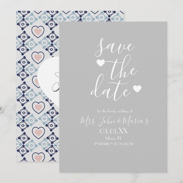 Moderne mediterrane Fliesen mit Herz Save the Date Einladung (Vorne/Hinten)
