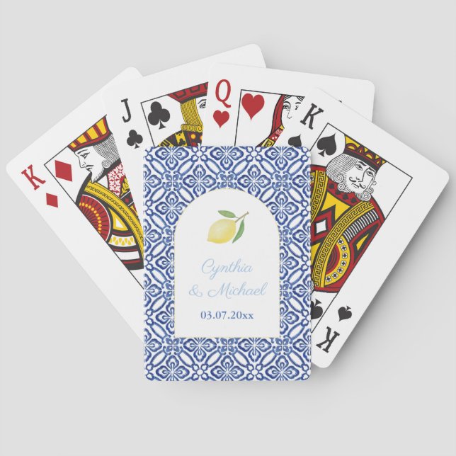 Moderne mediterrane Lemon Blue Tile Gastgeschenk H Spielkarten (Rückseite)