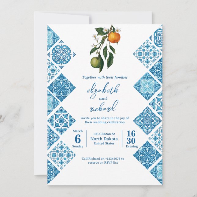 Moderne mediterrane Lemon Blue Tiles Wedding Einladung (Vorderseite)