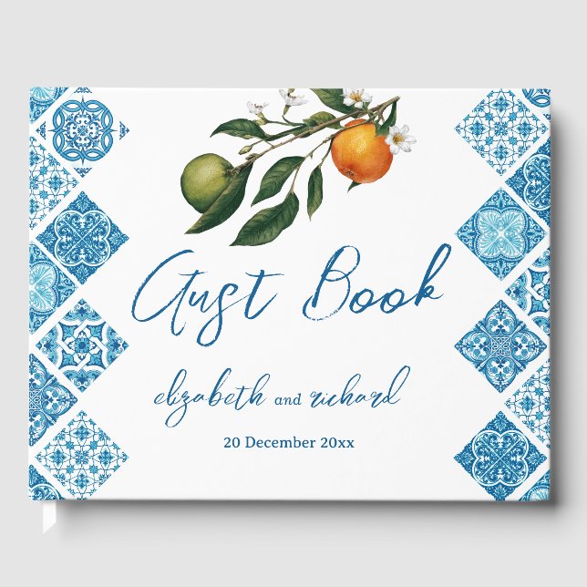 Moderne mediterrane Lemon Blue Tiles Wedding Gästebuch (Vorderseite)