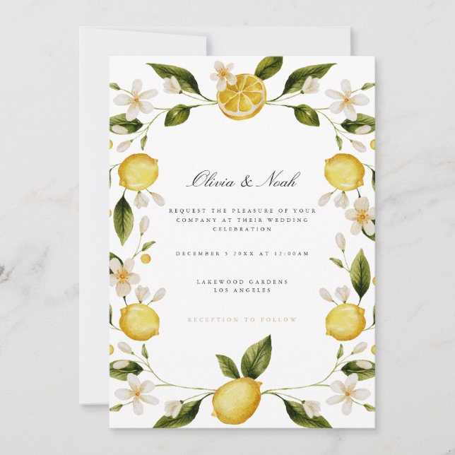 Moderne Mediterrane Lemon Hochzeitskarte Einladung (Vorderseite)