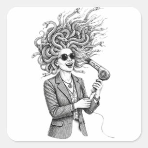 Moderne Medusa mit Haartrockner Lustige Mythologie Quadratischer Aufkleber