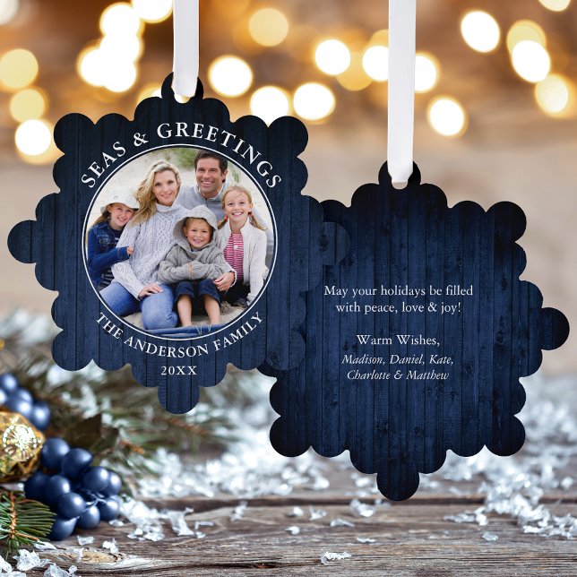 Moderne Meere und Grüße Blue Wood Print Ornament Karte (A greeting card that is also an ornament! Customize with your photo and personalized text.)