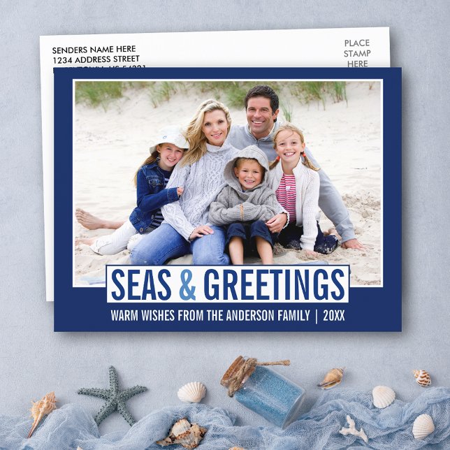 Moderne Meere und Grüße Familie Foto Blau Postkarte (Seas and Greetings Postcard. Personalize with your photo and name.)