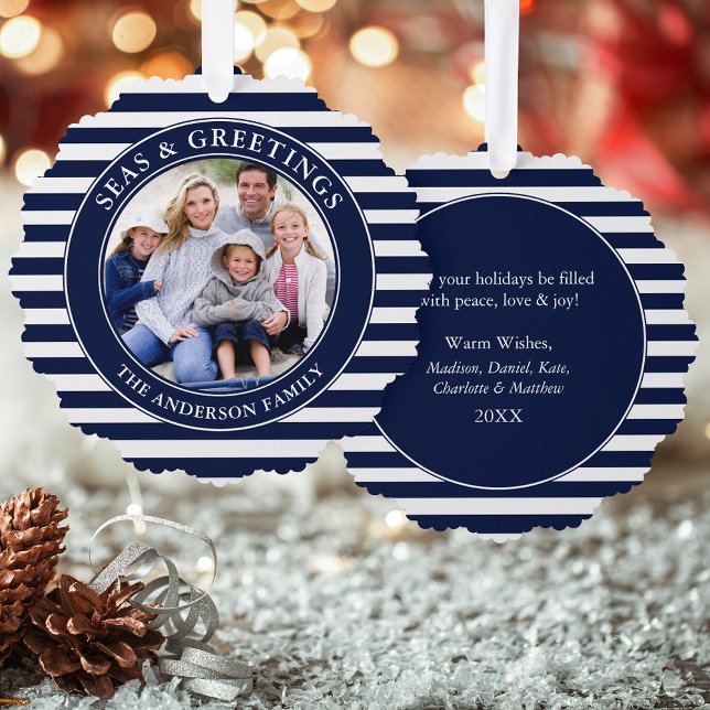 Moderne Meere und Grüße Foto Blaue Streifen Ornament Karte (A greeting card that is also an ornament! Customize with your photo and personalized text.)