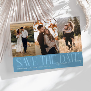 Moderne Mehrfach-Foto-Paar-Unterschrift Denimblau Save The Date