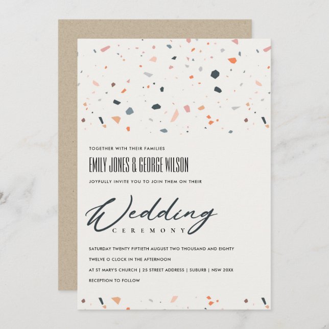 MODERNE MEHRFARBENE TERRAZZO PATTERN WEDING INVITE DANKESKARTE (Vorne/Hinten)