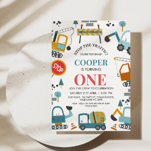 Moderne mehrfarbige Boy Construction 1. Geburtstag Einladung