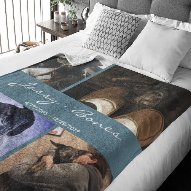 Moderne Memorial Foto Collage Aquamarin Fleecedecke (Capture precious pet moments with our Modern Pet Photo Collage Fleece Blanket.)