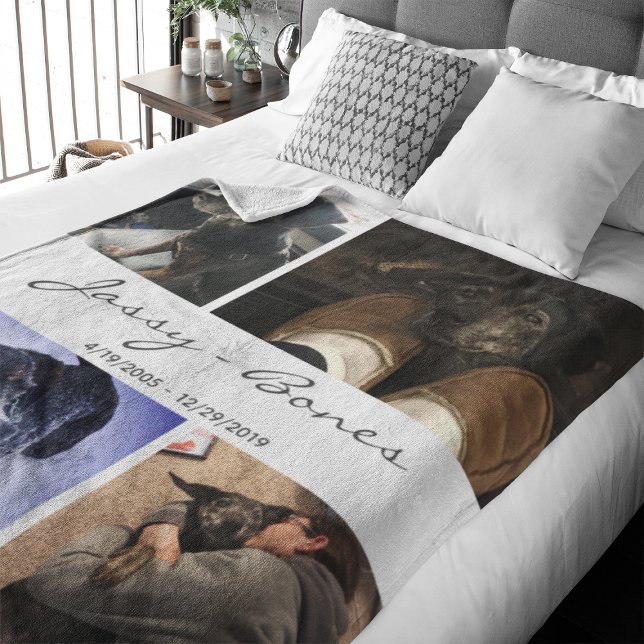 Moderne Memorial Foto Collage White Fleecedecke (Capture precious pet moments with our Modern Pet Photo Collage Fleece Blanket. )