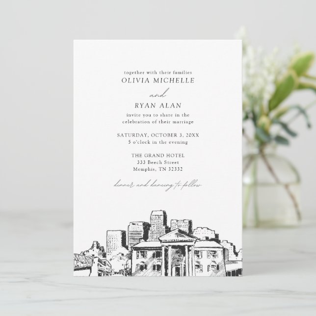 Moderne Memphis Skyline Black & White Wedding Einladung (Stehend Vorderseite)