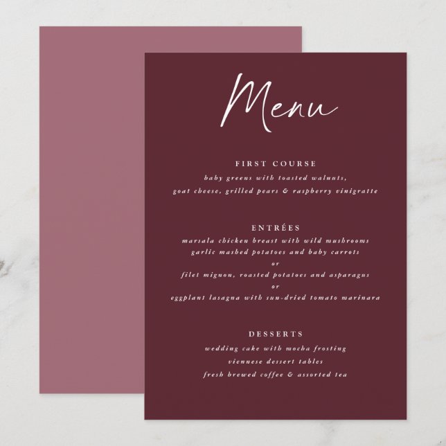 Moderne Merlot Burgundy Handwriting Hochzeit Menükarte (Vorne/Hinten)