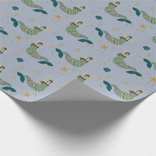 Moderne Mermaid Siren Thema Illustration Print Blu Geschenkpapier (Ecke)