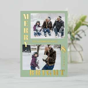 Moderne Merry & Bright 2 Foto Sage Elegant Folien Feiertagskarte