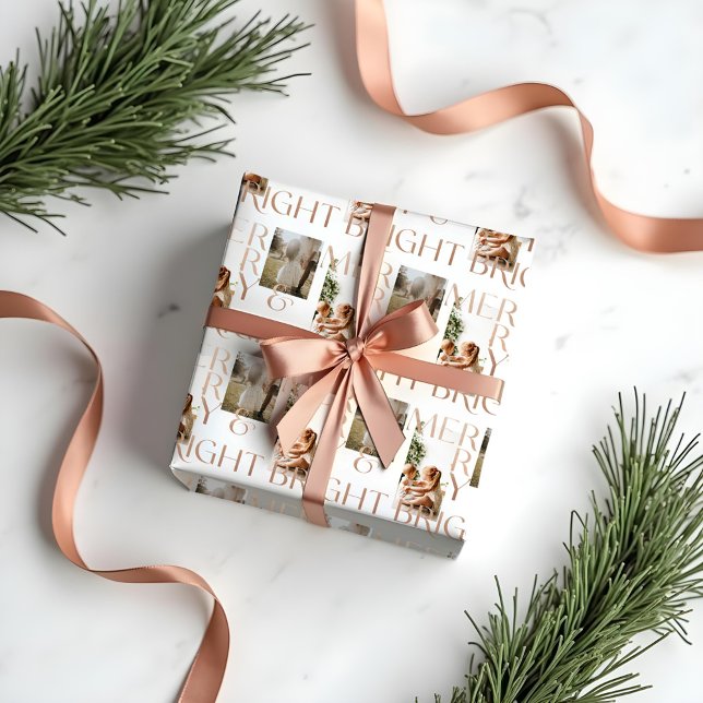 Moderne Merry Bright Bold Typografie 2 Foto White Geschenkpapier (Modern Merry Bright Bold Typography 2 Photo White Wrapping Paper)