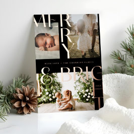 Moderne Merry Bright Bold Typografie 3 Foto Black Folien Feiertagskarte