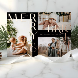 Moderne Merry Bright Bold Typografie 3 Foto Black Folien Feiertagskarte