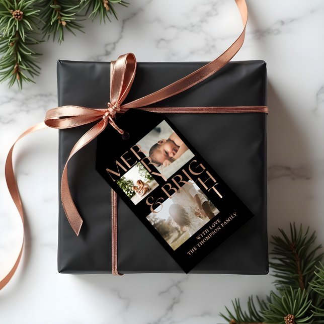 Moderne Merry Bright Bold Typografie 3 Foto Black Geschenkanhänger (Modern Merry Bright Bold Typography 3 Photo Black Gift Tags)