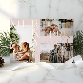 Moderne Merry & Bright Bold Typografie 3 Foto Pink Folien Feiertagskarte