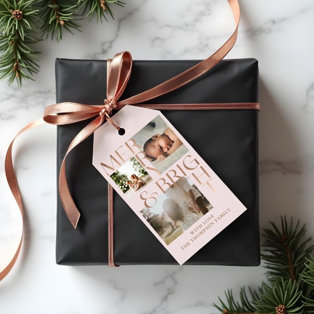 Moderne Merry Bright Bold Typografie 3 Foto Pink Geschenkanhänger (Modern Merry Bright Bold Typography 3 Photo Pink Gift Tags)