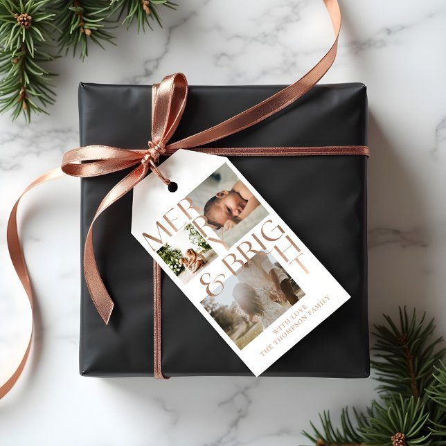 Moderne Merry Bright Bold Typografie 3 Foto White Geschenkanhänger (Modern Merry Bright Bold Typography 3 Photo White Gift Tags)