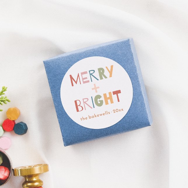 Moderne Merry & Bright Fun farbenfroh Runder Aufkleber (Von Creator hochgeladen)