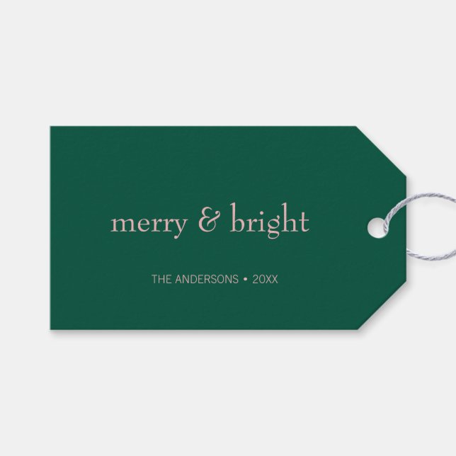 Moderne Merry & Bright Weihnachtsfeiertag Grün Ros Geschenkanhänger (Vorderseite (Horizontal))