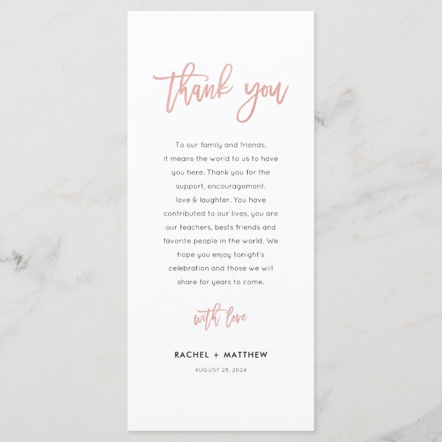 Moderne Messe Rose Gold Hochzeit Dankeschön Card Menükarte (Vorderseite)
