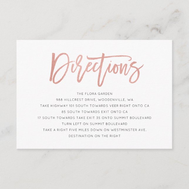 Moderne Messe Rose Gold Wedding Route Card Begleitkarte (Vorderseite)
