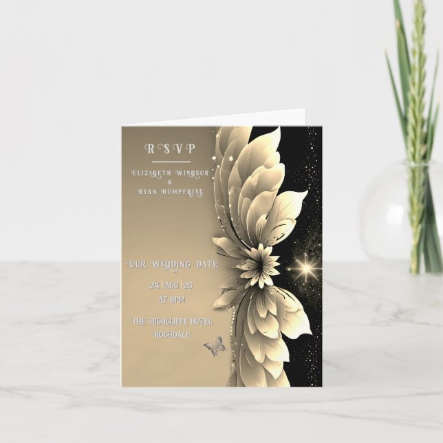 Moderne Metallic Gold Floral Wedding Einladung (Vorderseite)