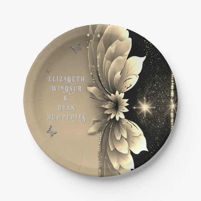 Moderne Metallic Gold Floral Wedding Einladung Pappteller (Vorderseite)