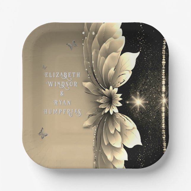 Moderne Metallic Gold Floral Wedding Einladung Pappteller (Vorderseite)