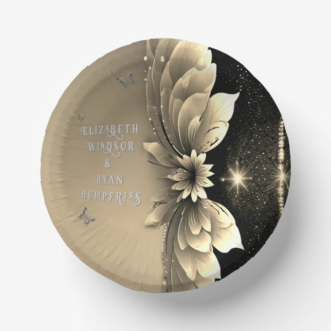 Moderne Metallic Gold Floral Wedding Einladung Pappteller (Vorderseite)