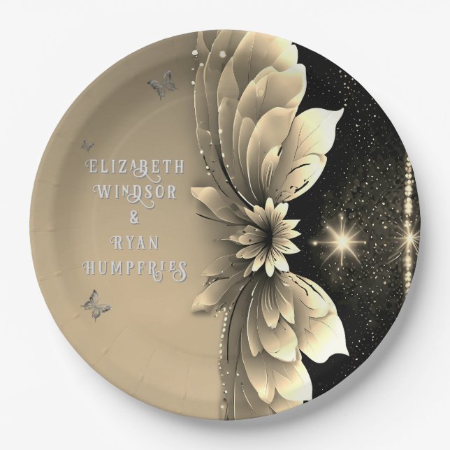 Moderne Metallic Gold Floral Wedding Einladung Pappteller (Vorderseite)