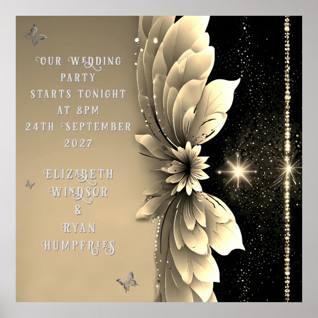 Moderne Metallic Gold Floral Wedding Einladung Poster (Vorne)