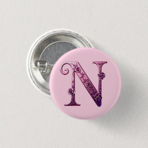 Moderne Metallische Rosemaling Buchstabe N, Rosa/L Button