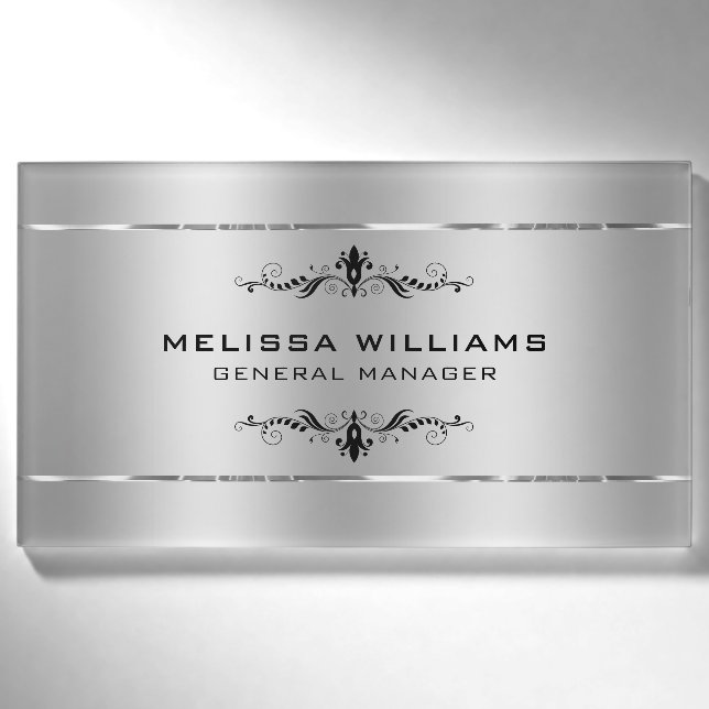Moderne Metallrahmen aus Silber und Schwarz-Wirbel Namenschild (Vorderseite)