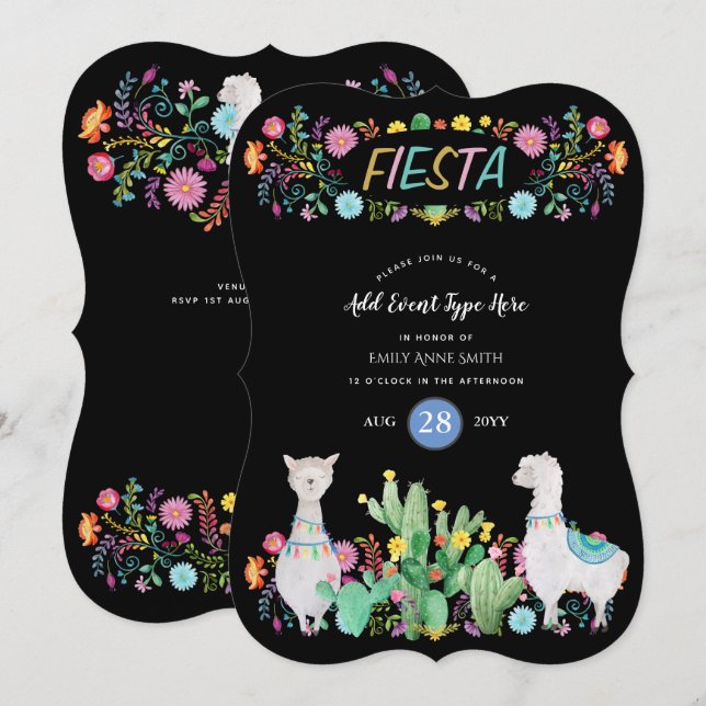 Moderne mexikanische Fiesta Llama Folk Blume JEDE  Einladung (Vorne/Hinten)