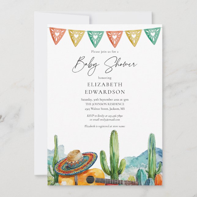 Moderne mexikanische Fiesta Watercolor Babydusche Einladung (Vorderseite)