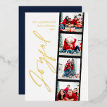 Moderne Mindest-Script-Multi-Foto Weihnachten blau Folien Feiertagskarte<br><div class="desc">Modernes minimales Drehbuch Multi Foto Weihnachts Retro marineblau Design. Elegantes,  echtes Gold,  Silber und Rose Goldfolie-Design.</div>