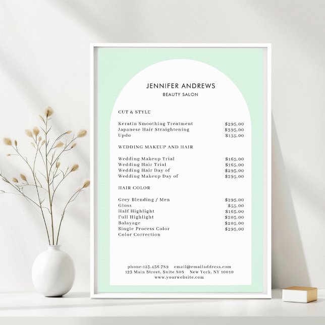 Moderne Minimal Arch Green Salon Preisliste Poster (Modern Minimal Arch Green Salon Price List. Prints & Instant Download Available.)