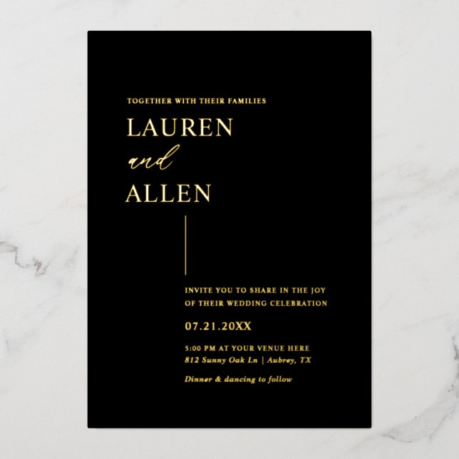 Moderne Minimal Black Gold Hochzeit Folieneinladung (Vorderseite)