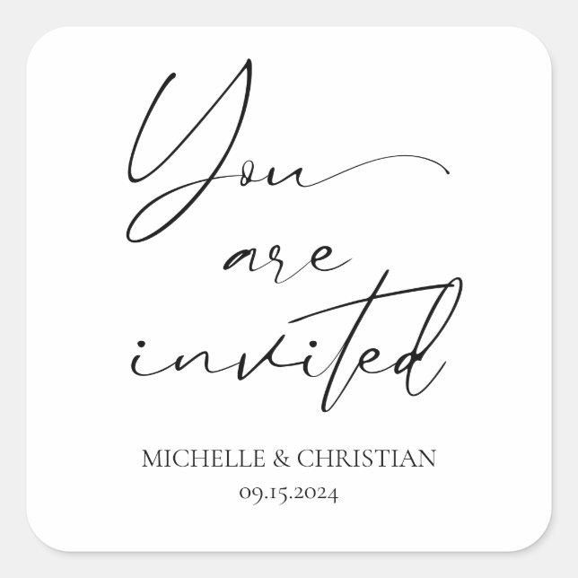 Moderne Minimal Black Script Calligrafy Wedding Quadratischer Aufkleber (Vorderseite)