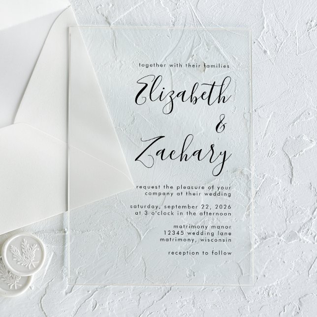 Moderne Minimal Black Script Wedding Acryleinladungen (Von Creator hochgeladen)