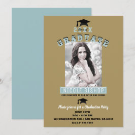 Moderne Minimal Blue Gold Foto Graduation Party Einladung