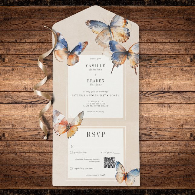 Moderne Minimal Blue & Rust Butterfels Tan QR Code All In One Einladung (Modern Minimal Blue & Rust Butterflies QR Code All In One Invitation)